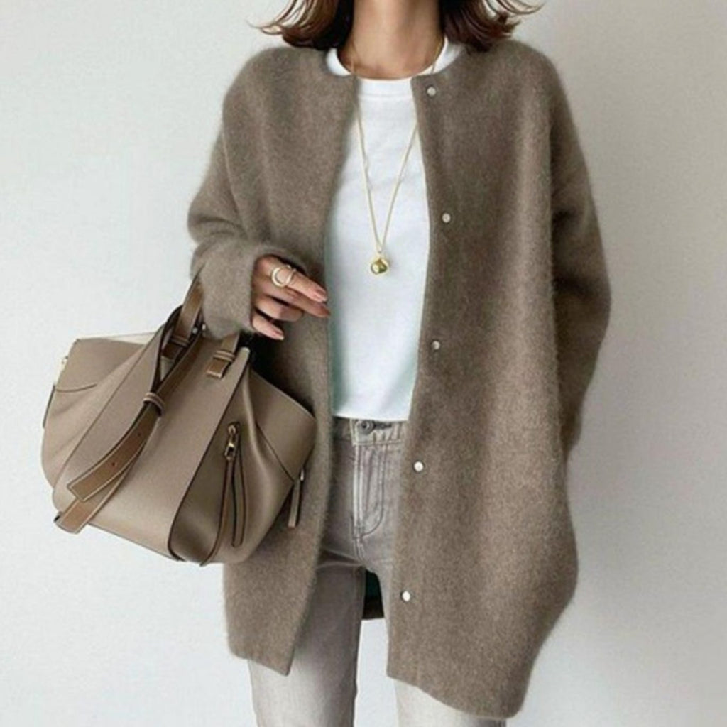 Women's Oversized Button-Down Fuzzy Knit Winter Cardigan - Coffee