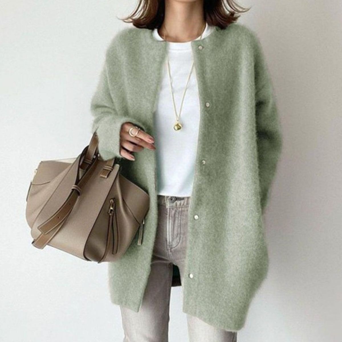 Women's Oversized Button-Down Fuzzy Knit Winter Cardigan - Green