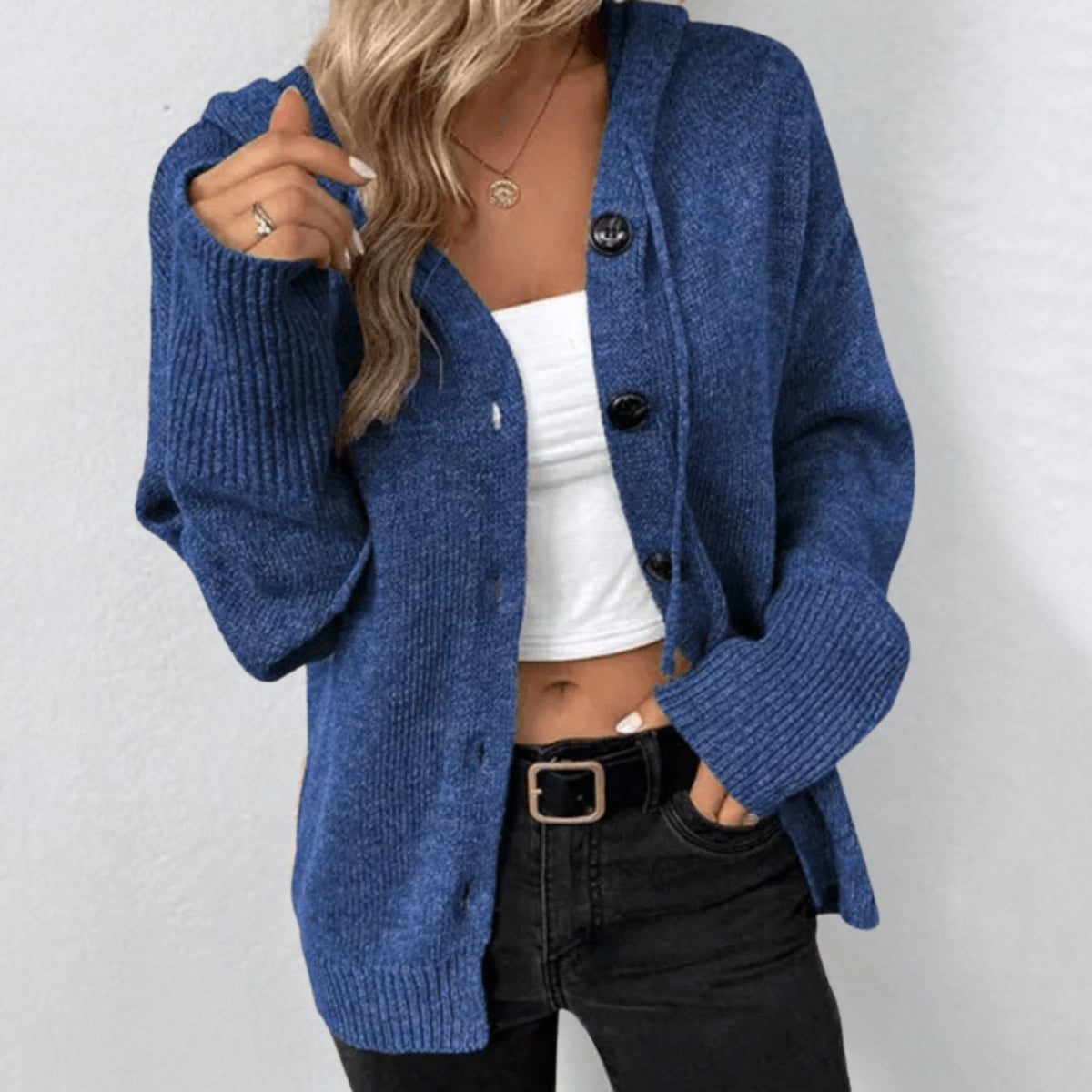 Women's Oversized Button-Front Hooded Cardigan Sweater - Blue