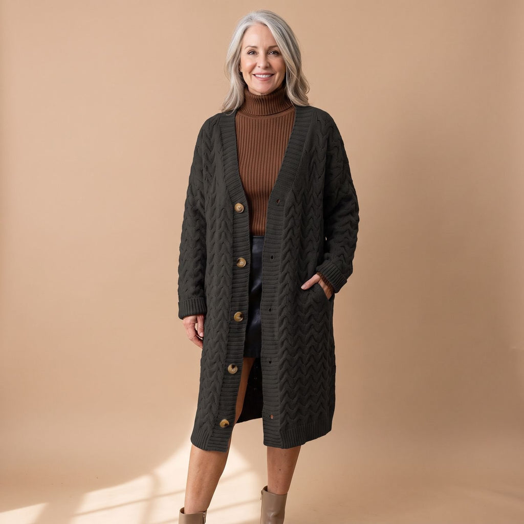 Women's Oversized Cable Knit Cardigan Button-Front Long Sweater - Black