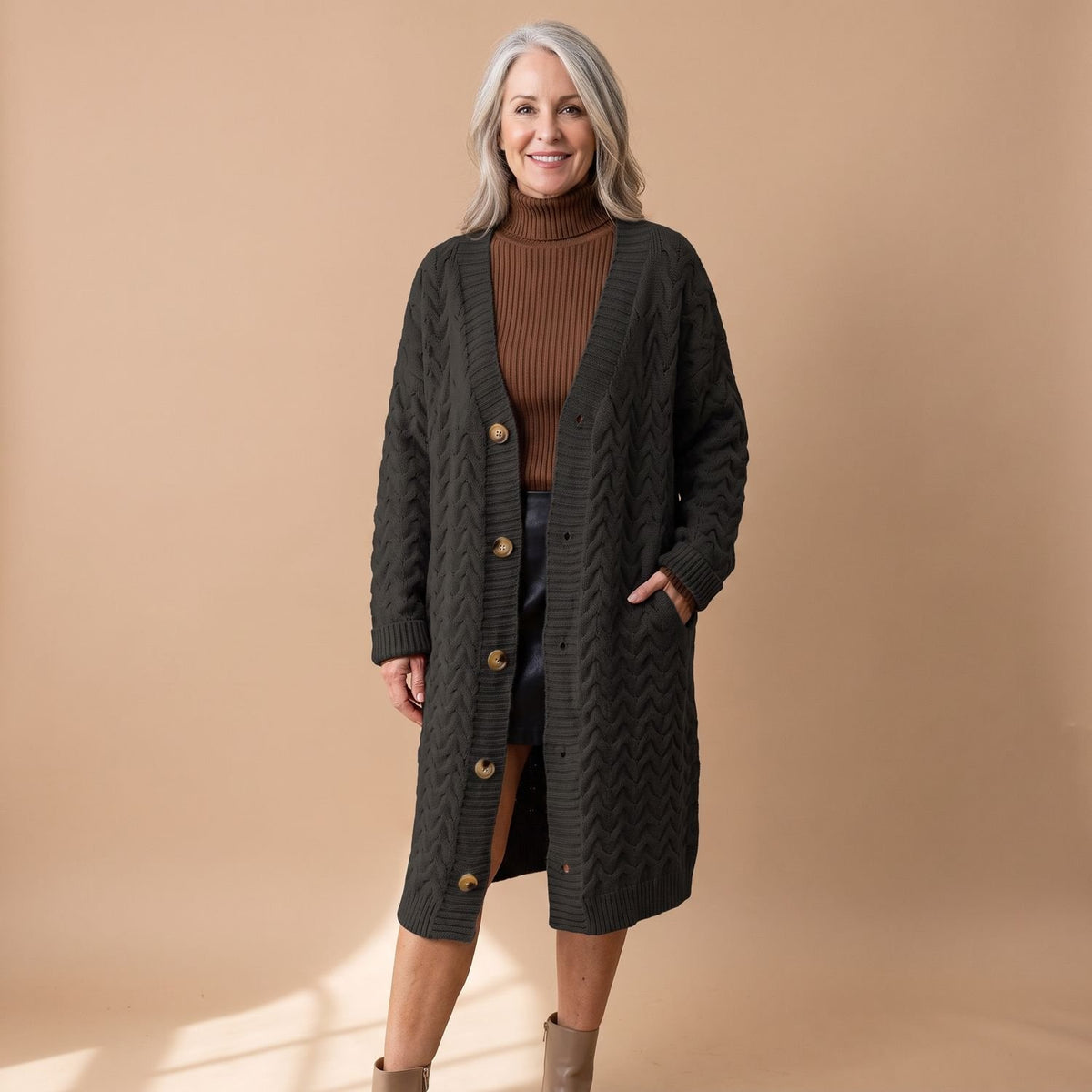 Women's Oversized Cable Knit Cardigan Button-Front Long Sweater - Black