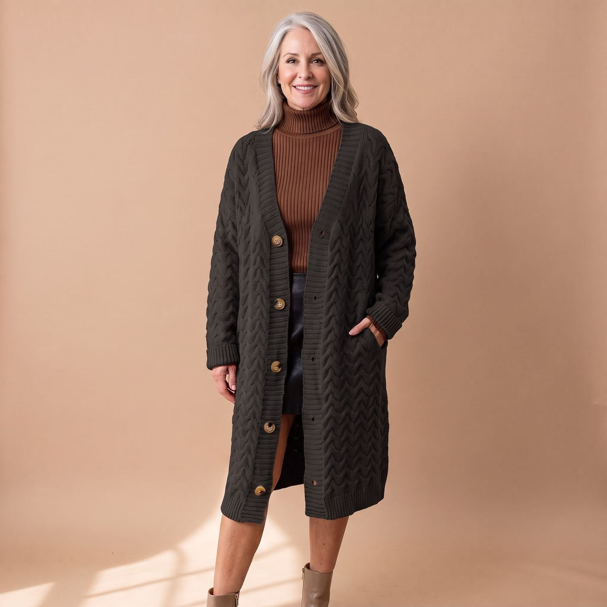 Women's Oversized Cable Knit Cardigan Button-Front Long Sweater - Brown