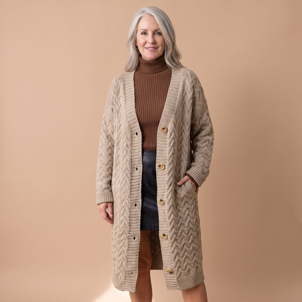 Women's Oversized Cable Knit Cardigan Button-Front Long Sweater - Khaki