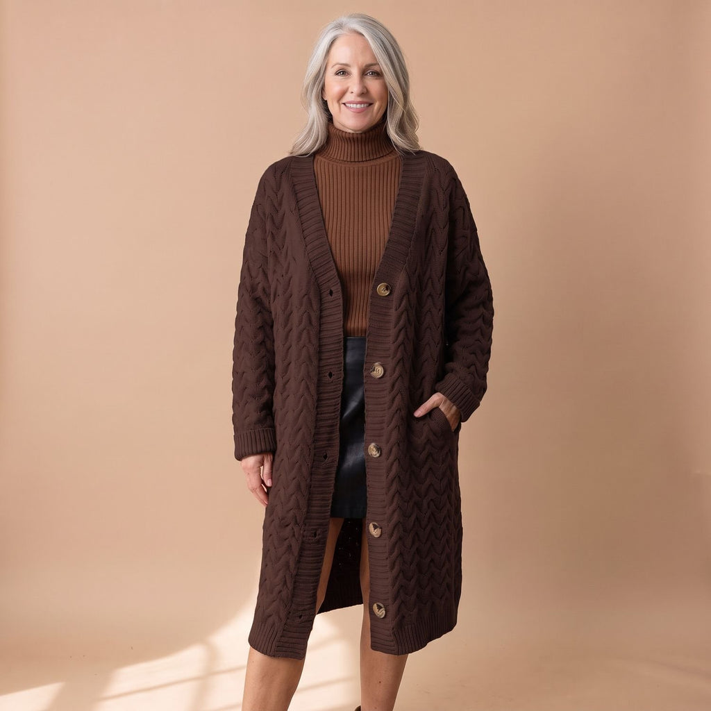 Women's Oversized Cable Knit Cardigan Button-Front Long Sweater
