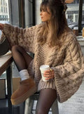 Women's Oversized Cable-Knit Chunky Sweater Dropped Shoulder - Khaki