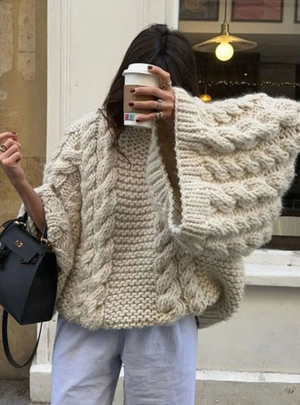 Women's Oversized Cable-Knit Chunky Sweater Dropped Shoulder - White