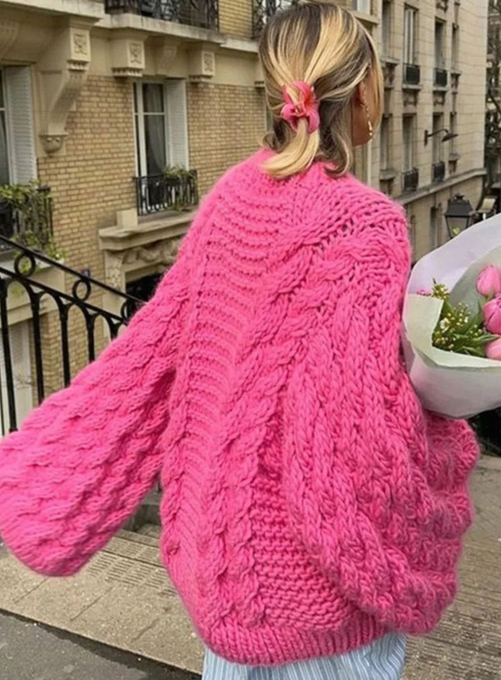 Women's Oversized Cable-Knit Chunky Sweater Dropped Shoulder - Pink