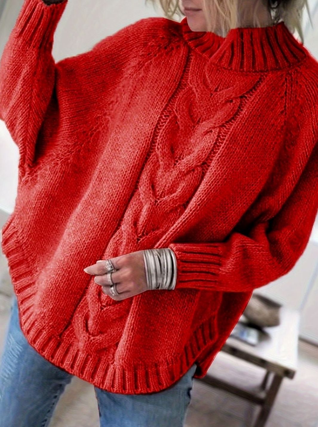 Women's Oversized Cable-Knit High-Neck Sweater