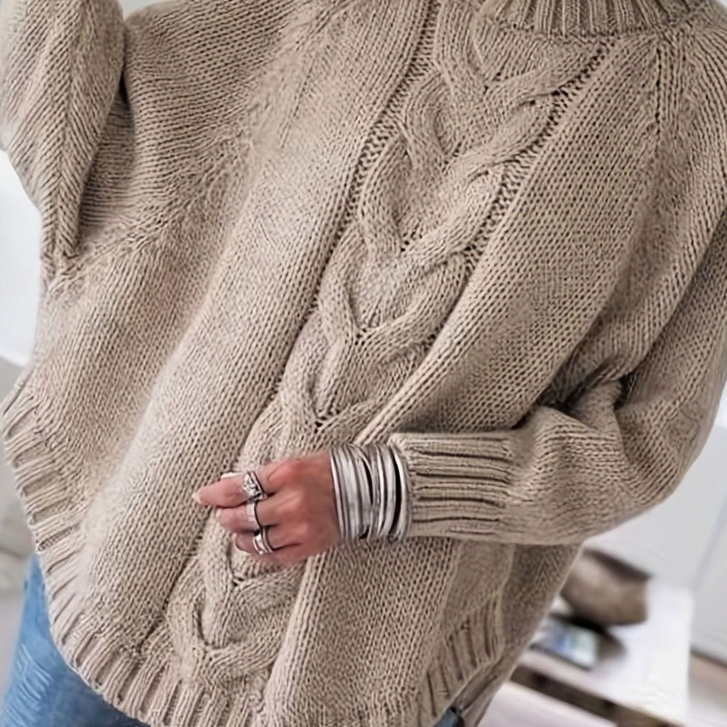 Women's Oversized Cable-Knit High-Neck Sweater - Khaki