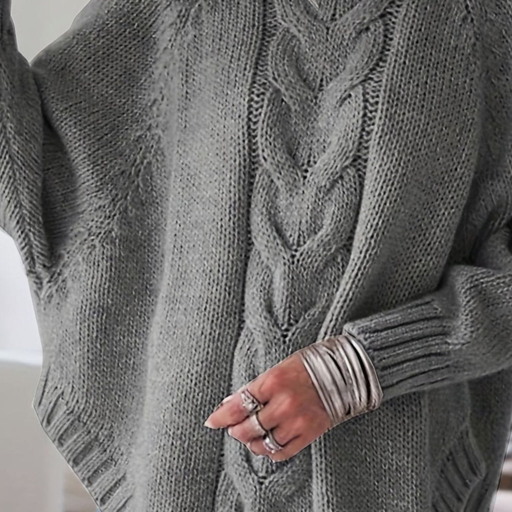 Women's Oversized Cable-Knit High-Neck Sweater - Dark Gray