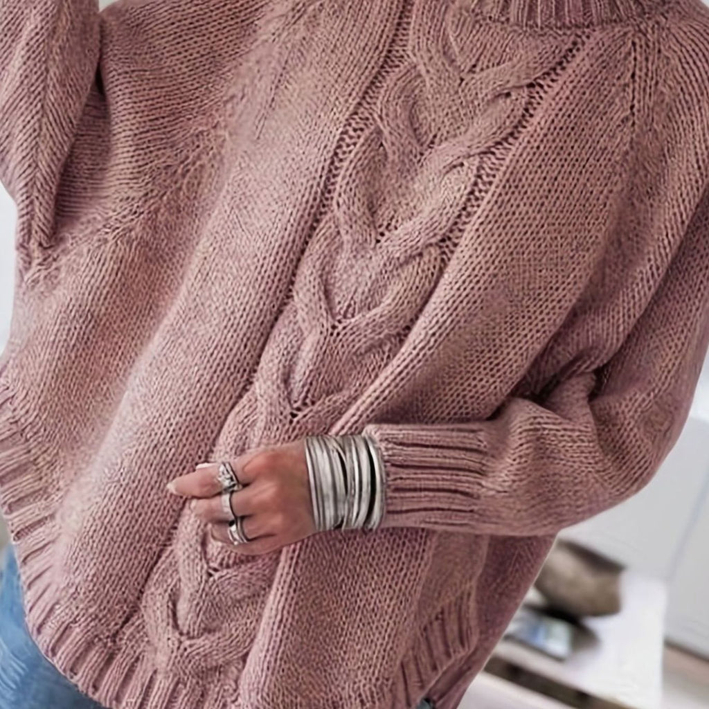 Women's Oversized Cable-Knit High-Neck Sweater - Pale Pinkish Gray