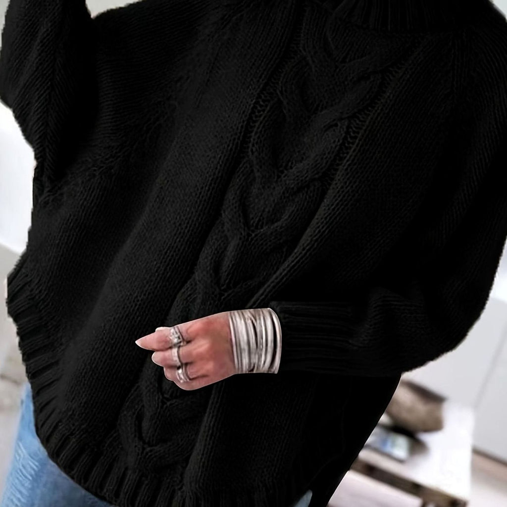 Women's Oversized Cable-Knit High-Neck Sweater - Black