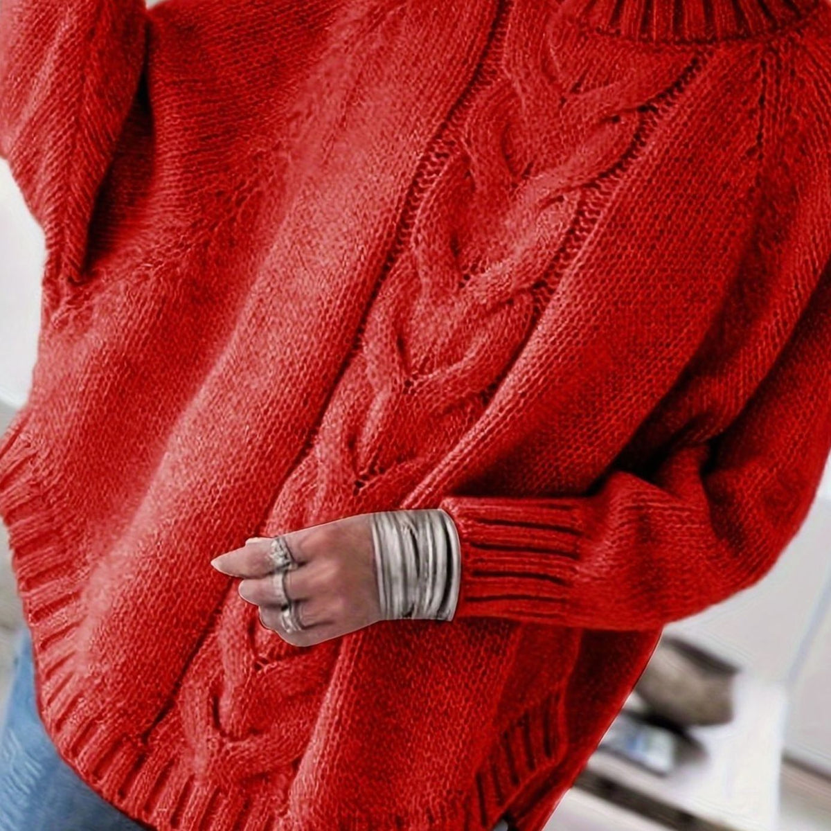 Women's Oversized Cable-Knit High-Neck Sweater - Red