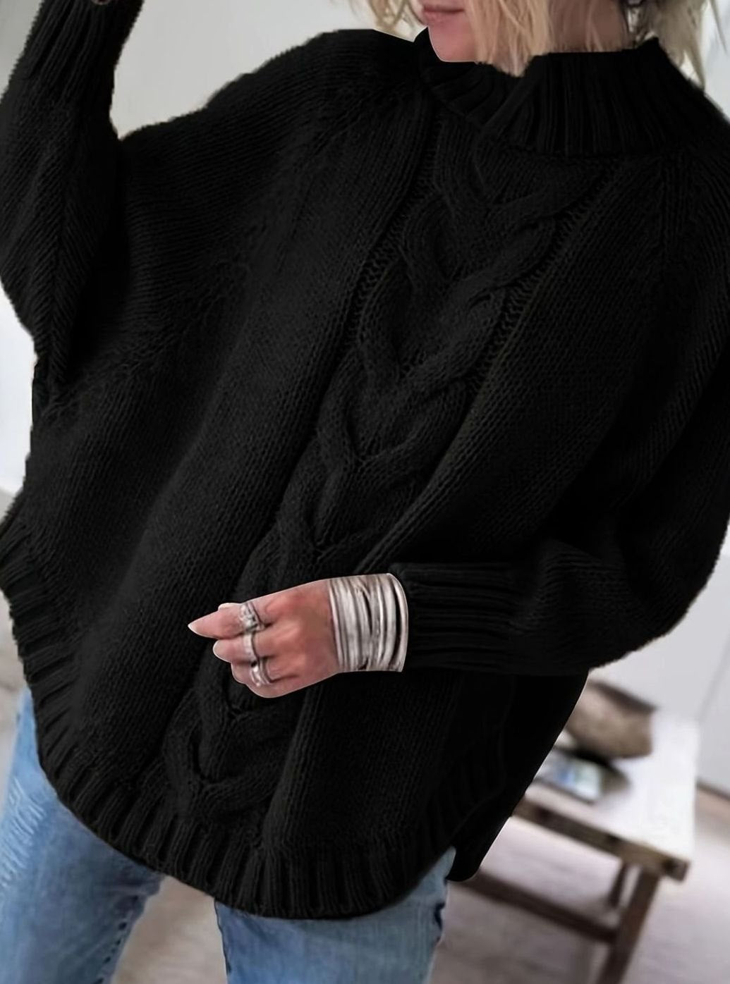 Women's Oversized Cable-Knit High-Neck Sweater
