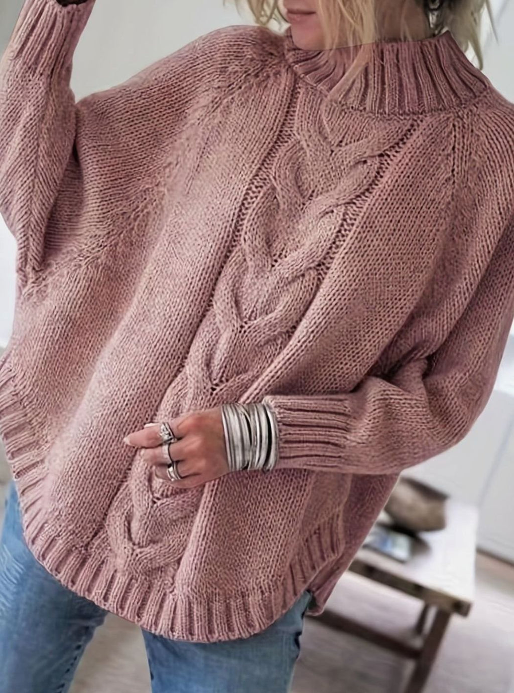 Women's Oversized Cable-Knit High-Neck Sweater