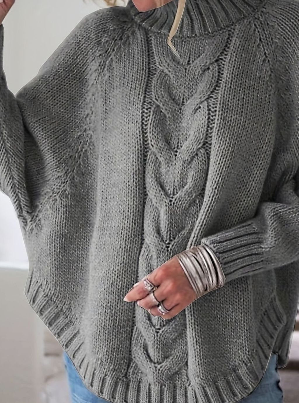 Women's Oversized Cable-Knit High-Neck Sweater