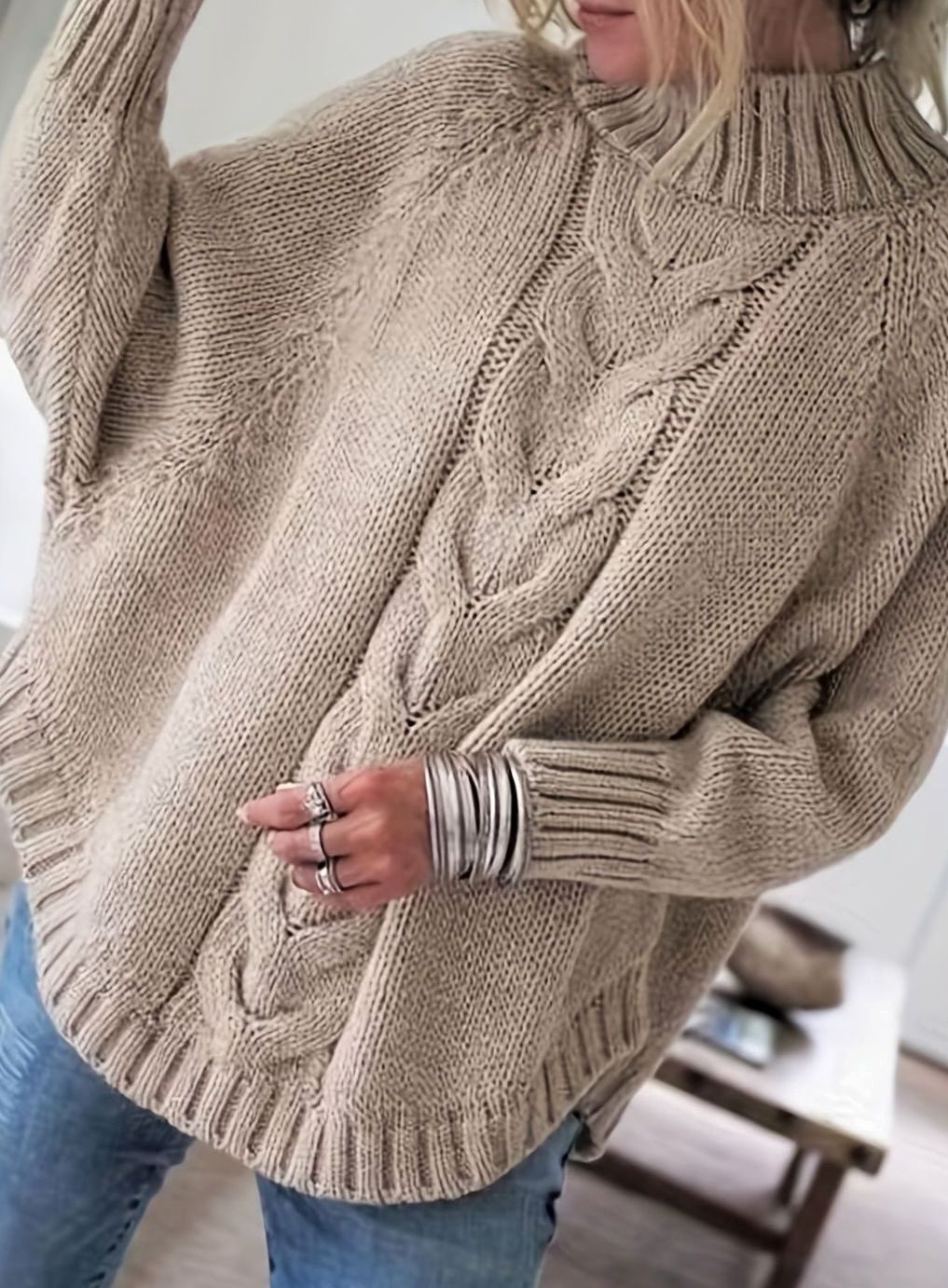 Women's Oversized Cable-Knit High-Neck Sweater