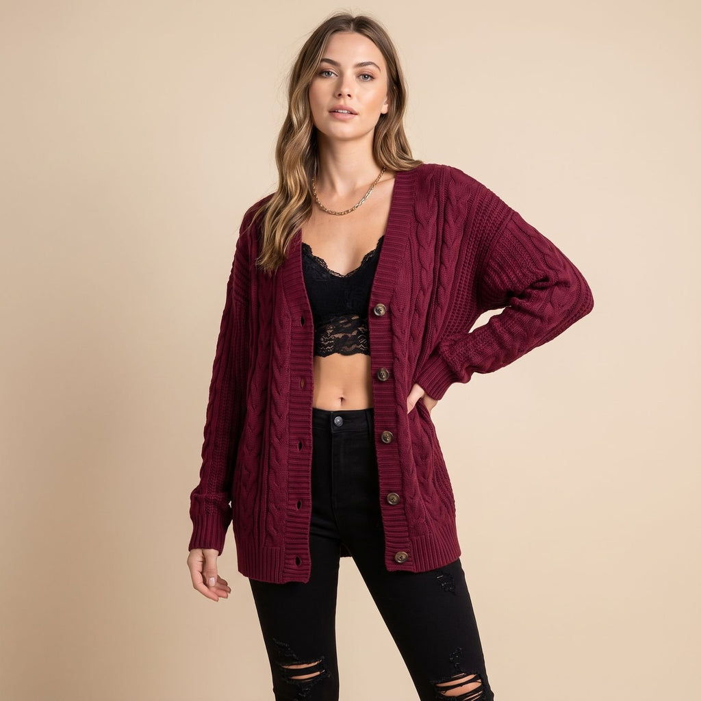 Women's Oversized Cable Knit Slouchy Button Cardigan - Dark Red