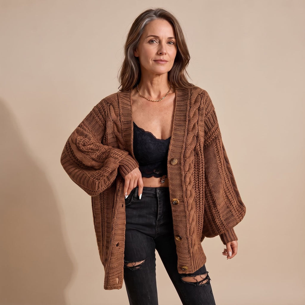 Women's Oversized Cable Knit Slouchy Button Cardigan