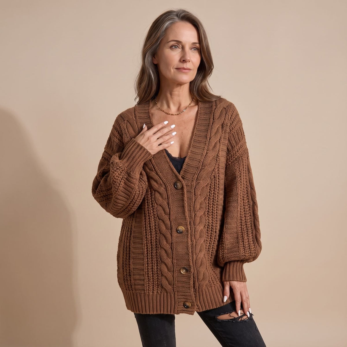 Women's Oversized Cable Knit Slouchy Button Cardigan