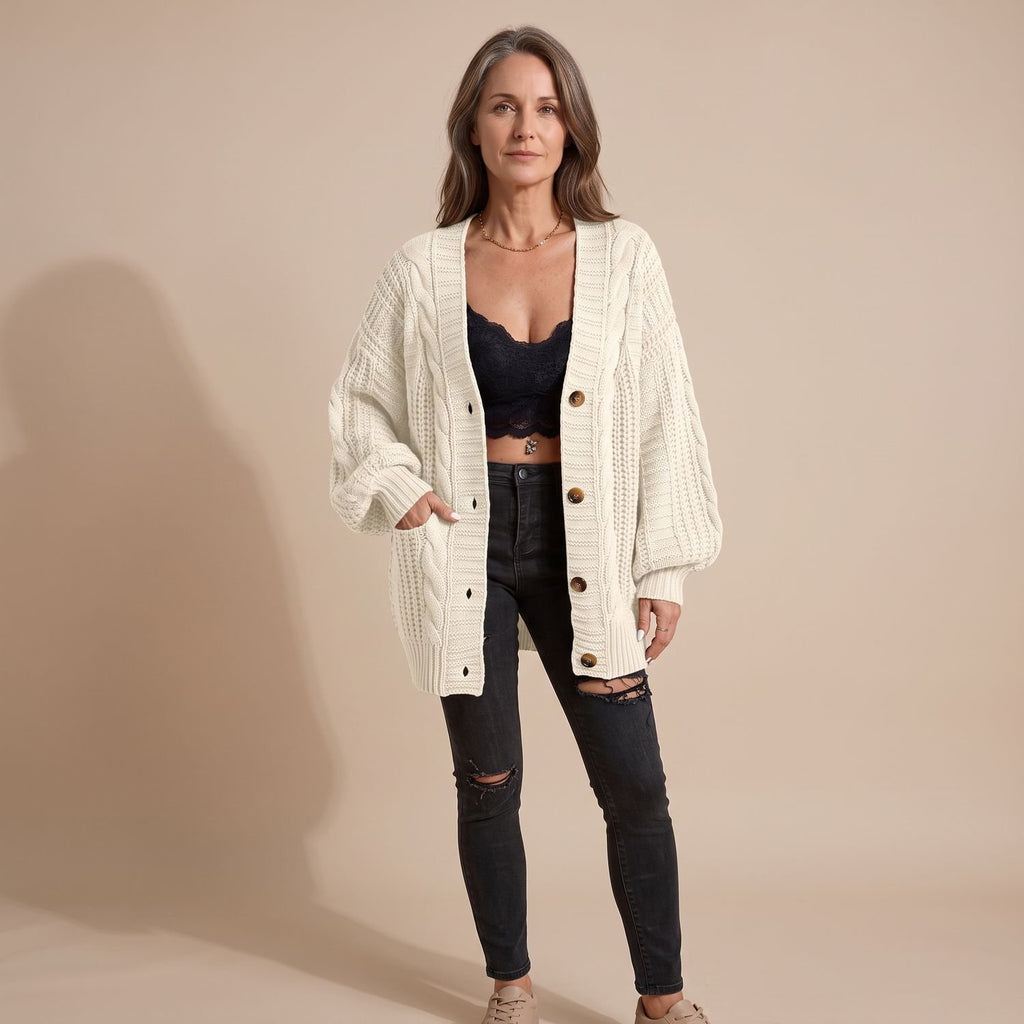 Women's Oversized Cable Knit Slouchy Button Cardigan - Beige
