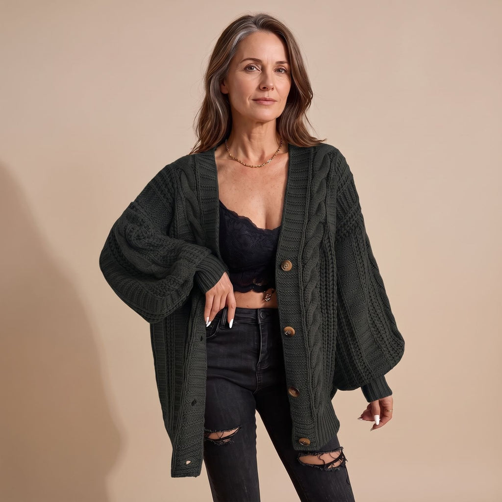 Women's Oversized Cable Knit Slouchy Button Cardigan - Black