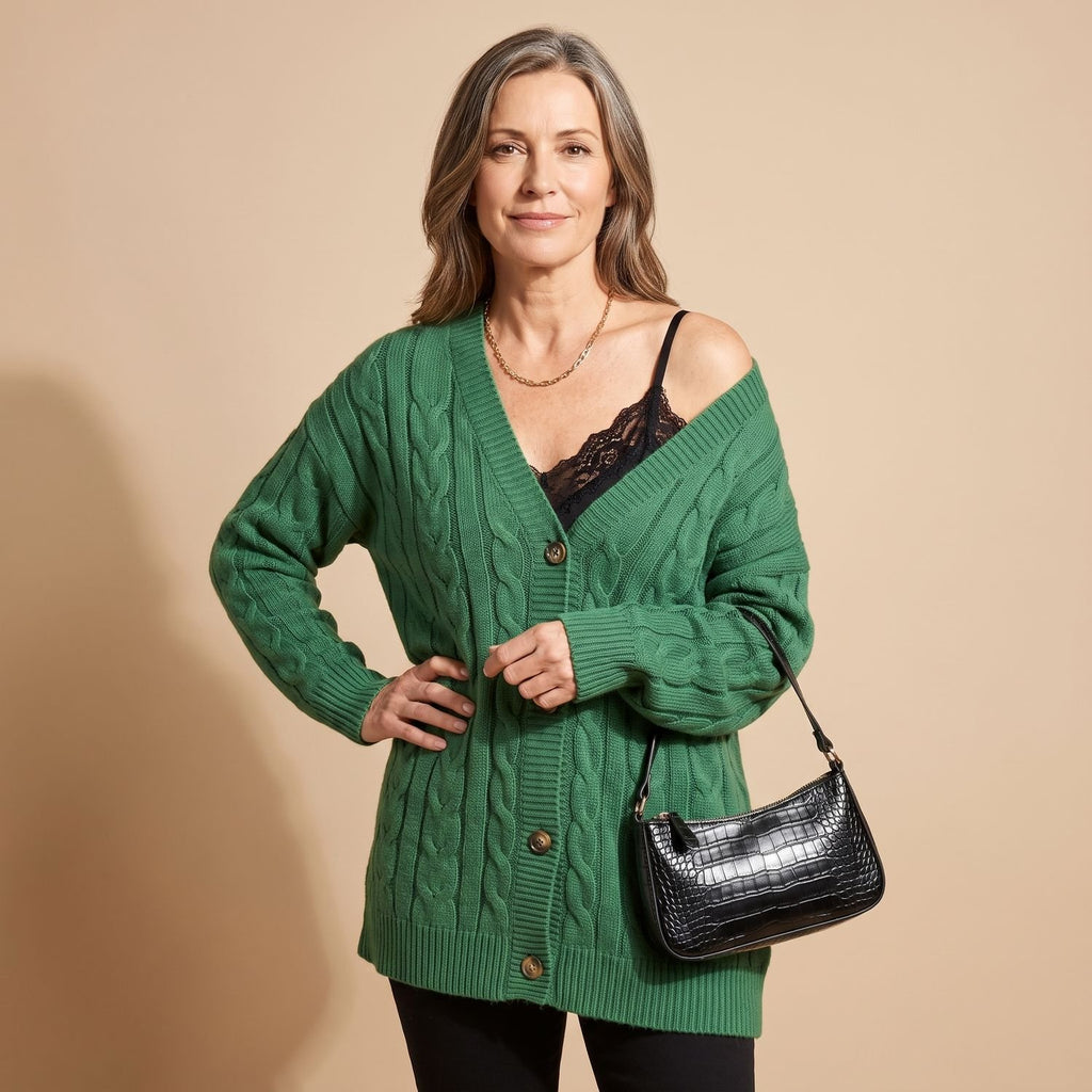 Women's Oversized Cable Knit Slouchy Button Cardigan - Dark Green