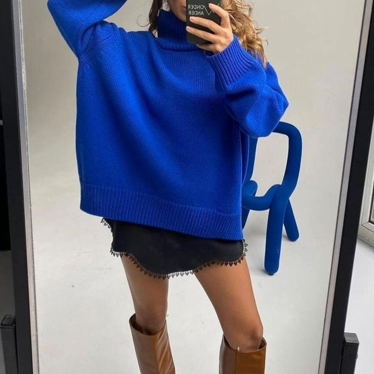 Women's Oversized Cashmere-Knit Turtleneck Pullover Sweater - Blue