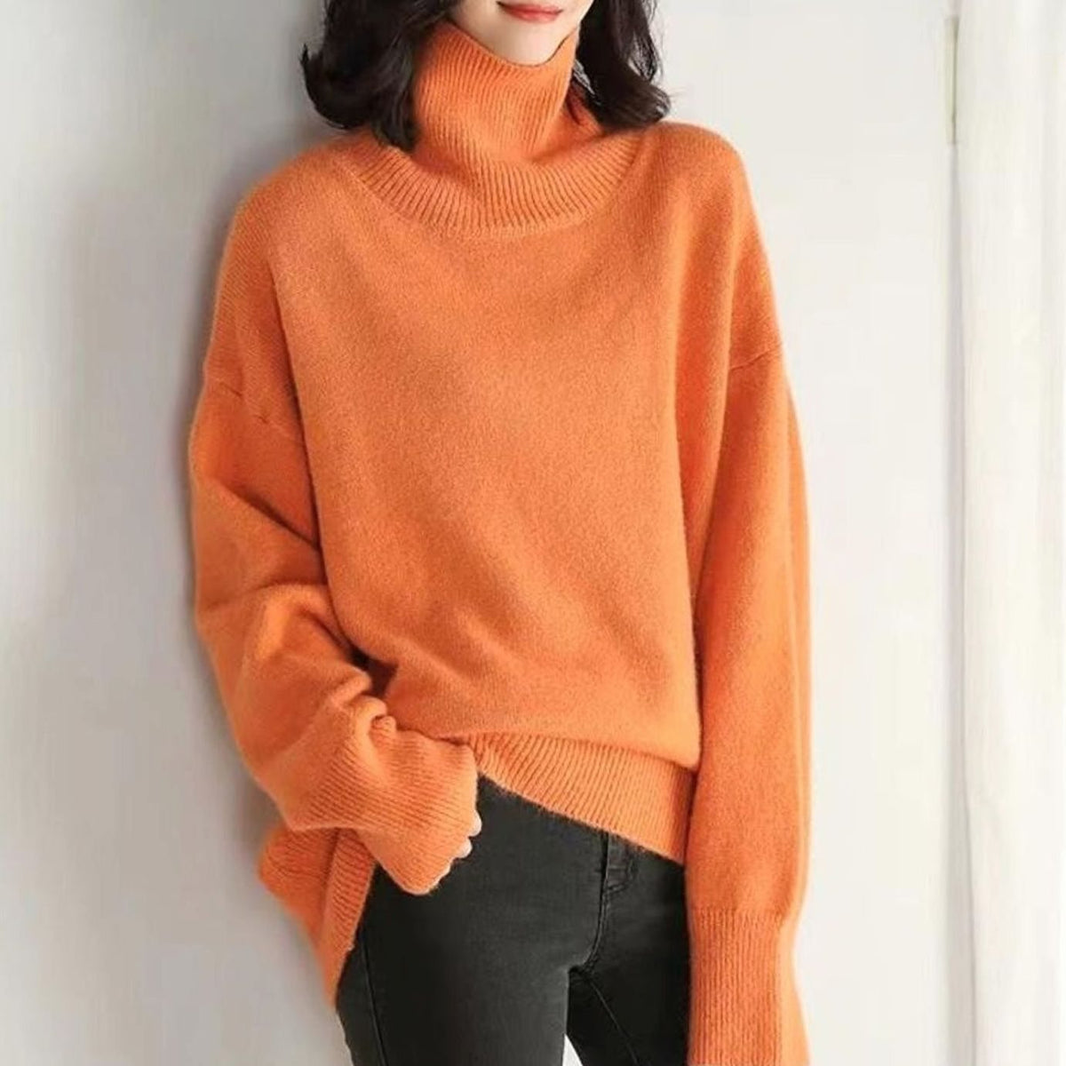 Women's Oversized Cashmere-Knit Turtleneck Pullover Sweater - Orange