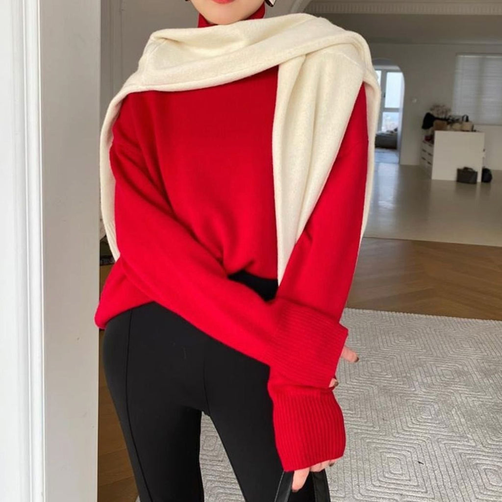 Women's Oversized Cashmere-Knit Turtleneck Pullover Sweater - Red