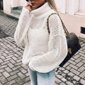 Women's Oversized Chunky Knit Turtleneck Balloon-Sleeve Sweater - White