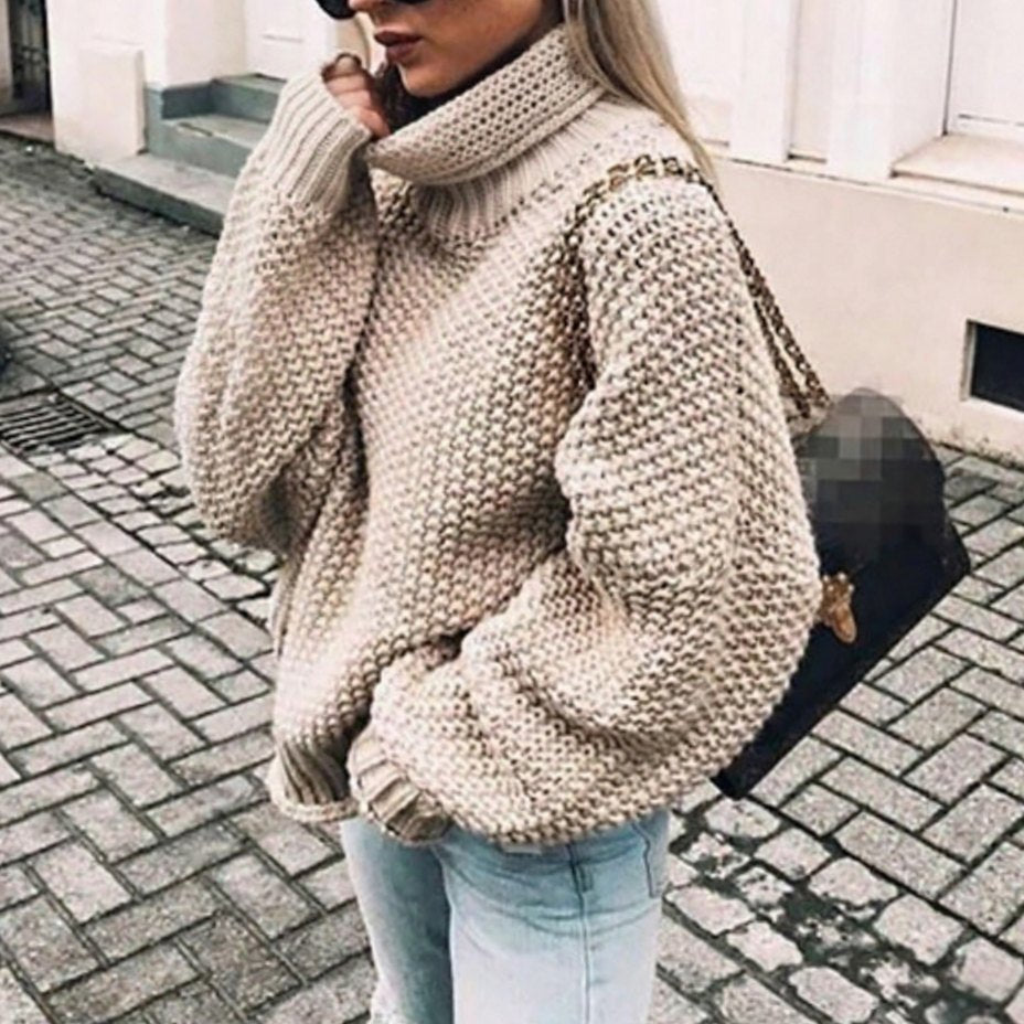 Women's Oversized Chunky Knit Turtleneck Balloon-Sleeve Sweater - Khaki