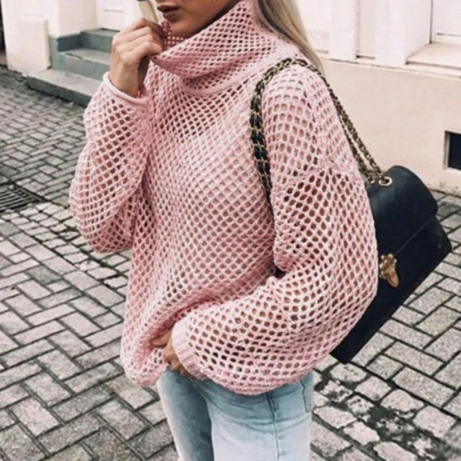 Women's Oversized Chunky Knit Turtleneck Balloon-Sleeve Sweater - Pink