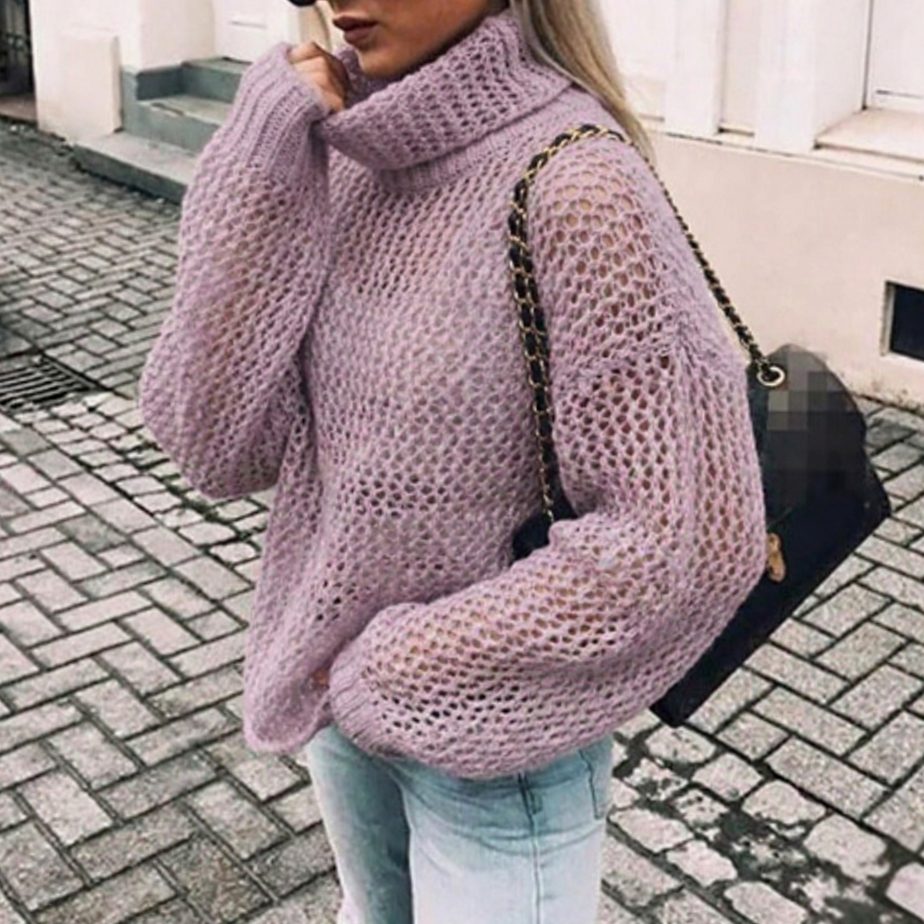 Women's Oversized Chunky Knit Turtleneck Balloon-Sleeve Sweater - Purple