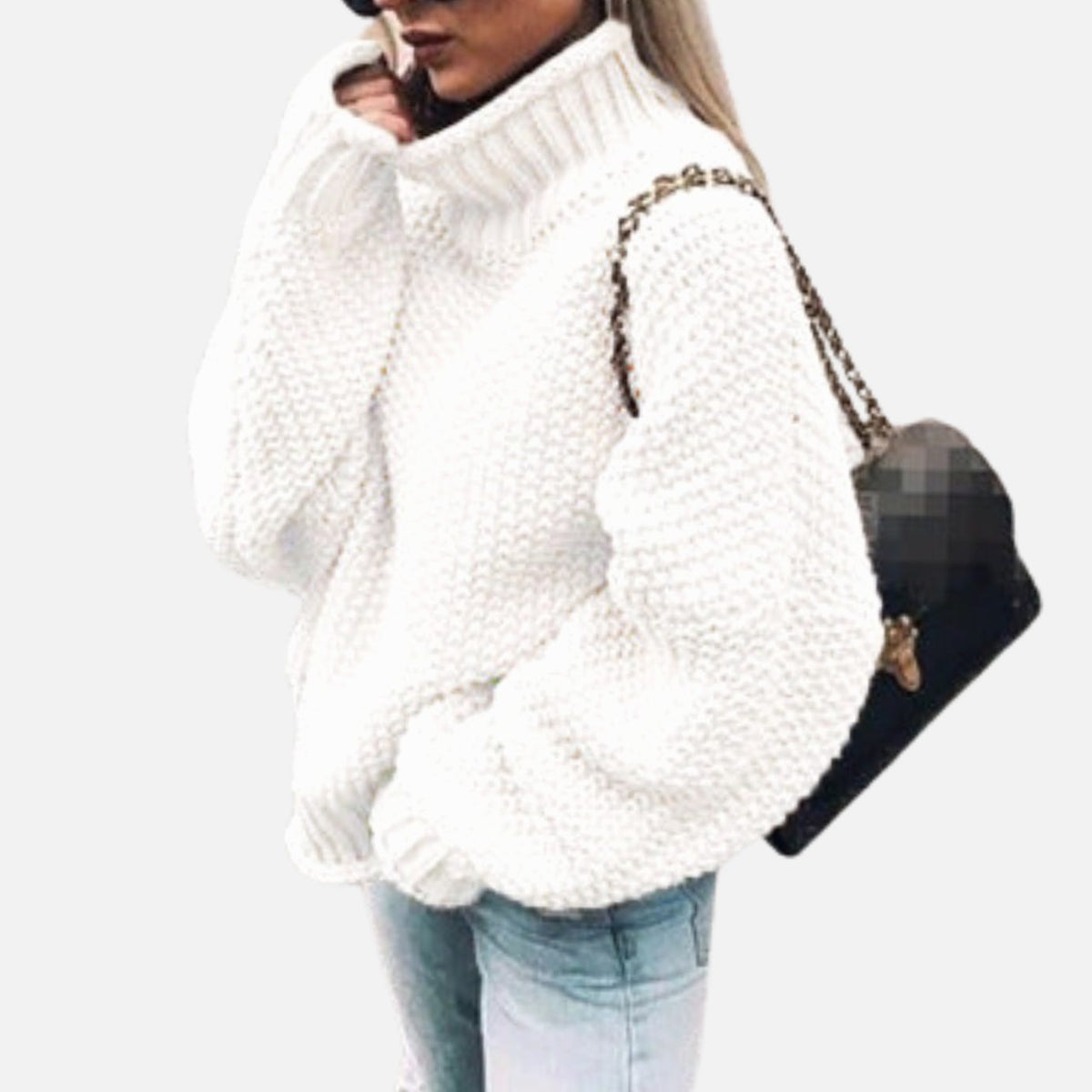 Women's Oversized Chunky Turtleneck Knit Sweater, White - White