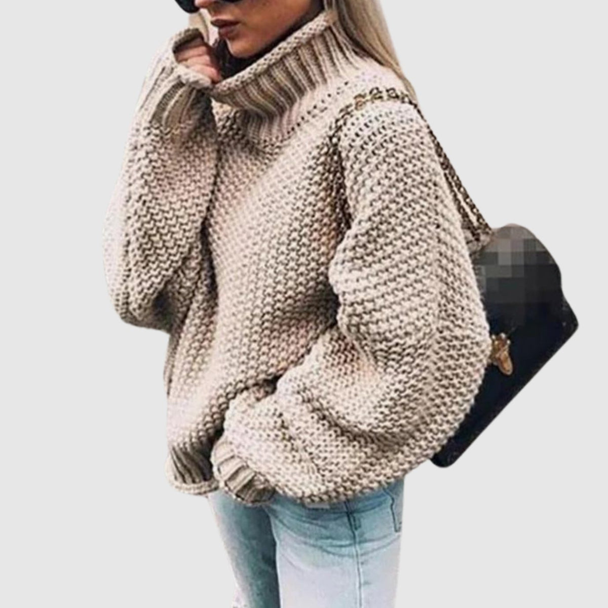 Women's Oversized Chunky Turtleneck Knit Sweater, White - Khaki