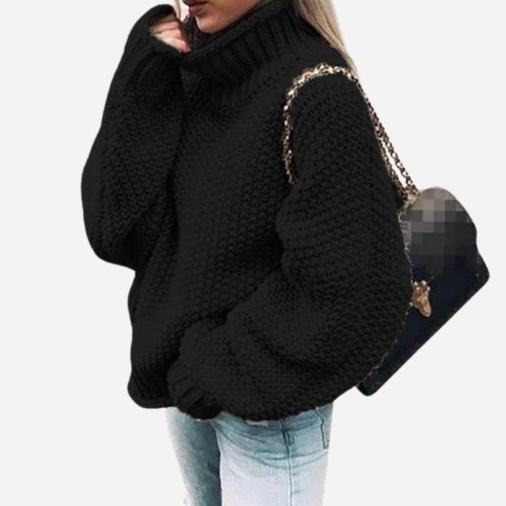 Women's Oversized Chunky Turtleneck Knit Sweater, White - Black