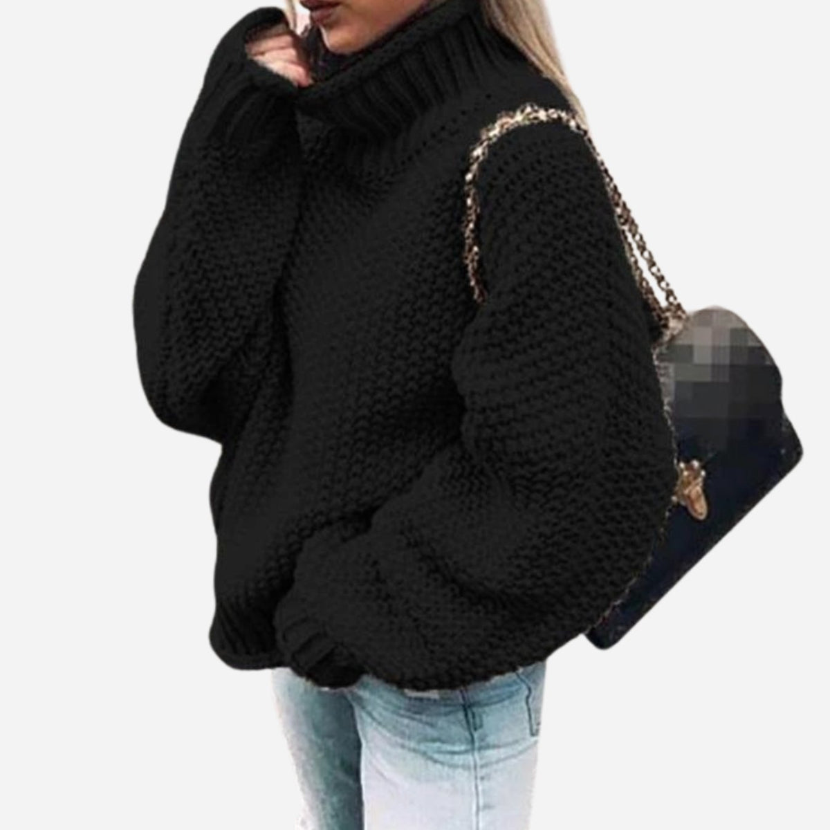 Women's Oversized Chunky Turtleneck Knit Sweater, White - Black