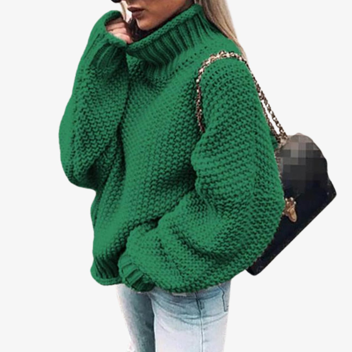 Women's Oversized Chunky Turtleneck Knit Sweater, White - Green
