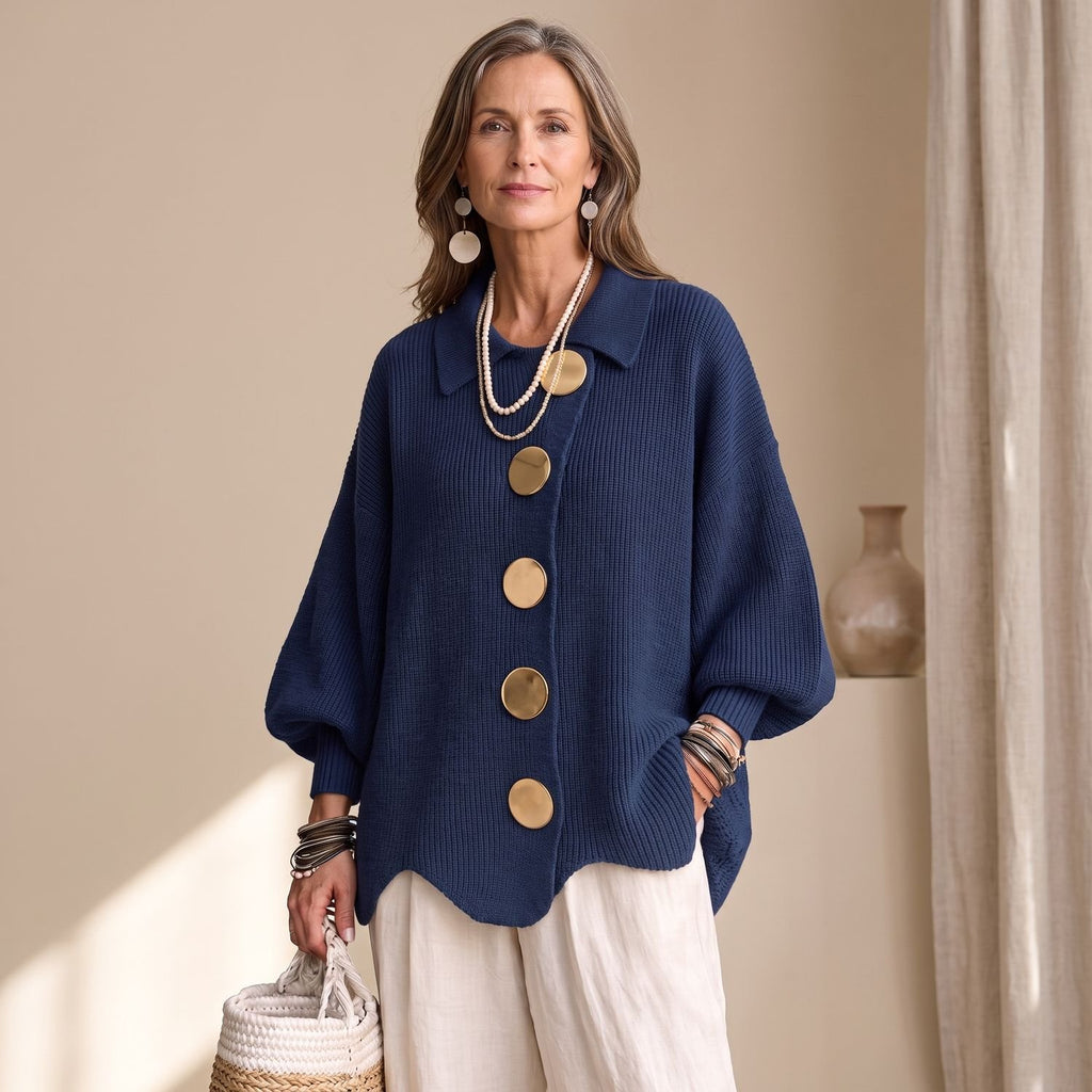 Women's Oversized Collared Gold-Button Knit Cardigan - Navy Blue