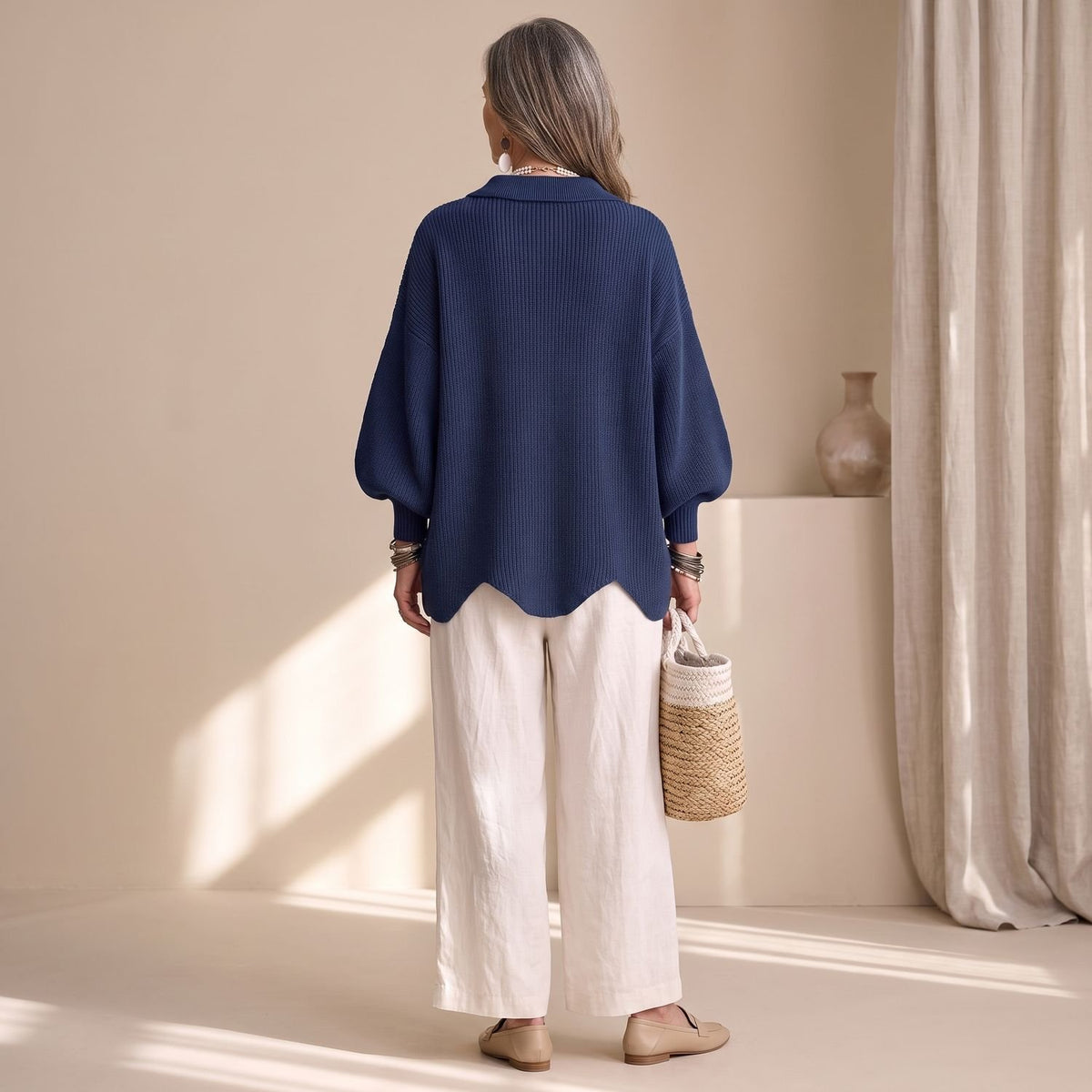 Women's Oversized Collared Gold-Button Knit Cardigan