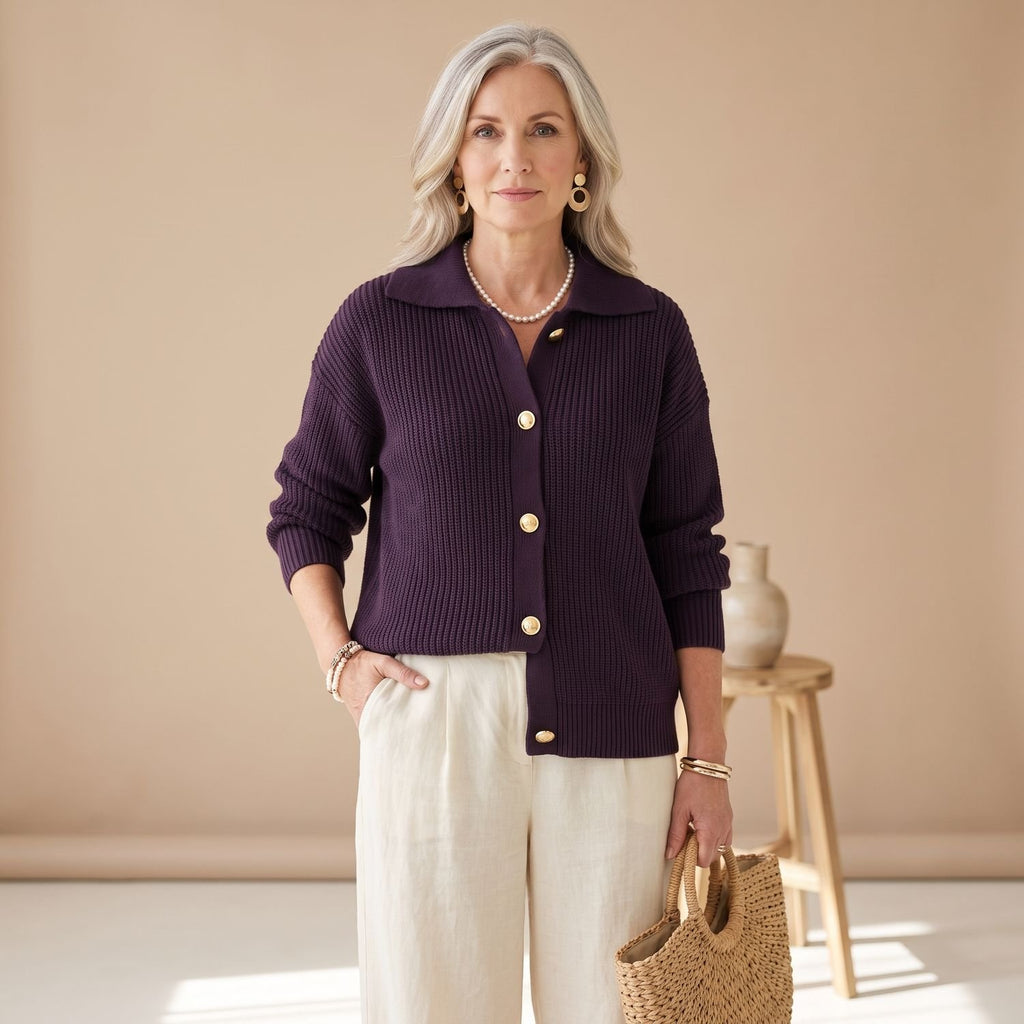 Women's Oversized Collared Gold-Button Knit Cardigan - Wine