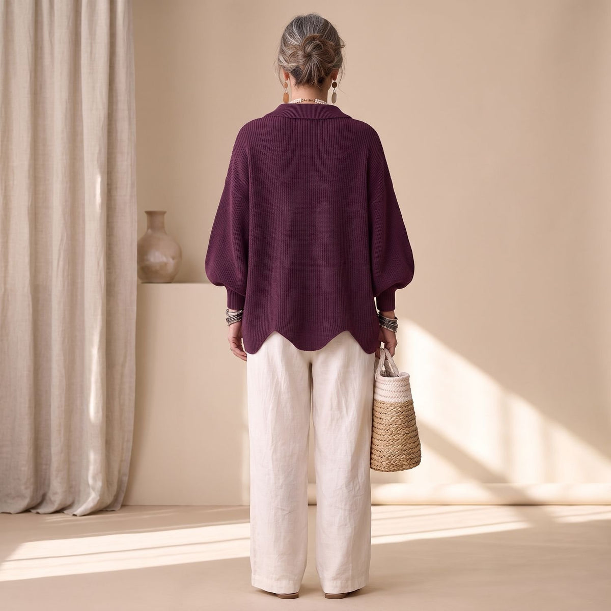Women's Oversized Collared Gold-Button Knit Cardigan