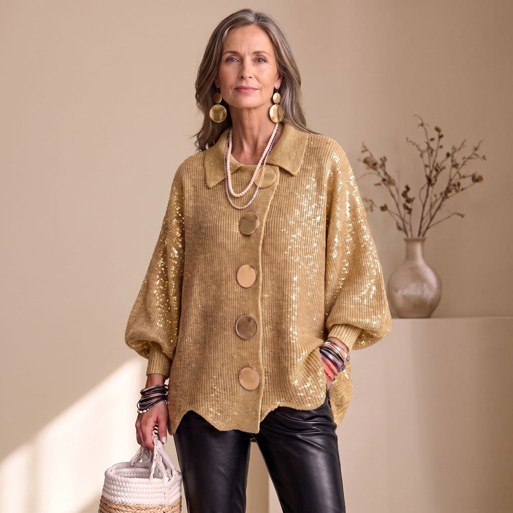 Women's Oversized Collared Gold-Button Knit Cardigan - Gold