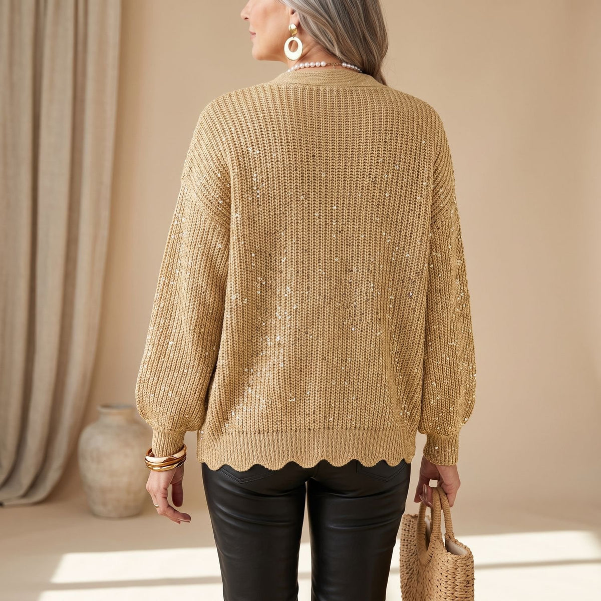 Women's Oversized Collared Gold-Button Knit Cardigan