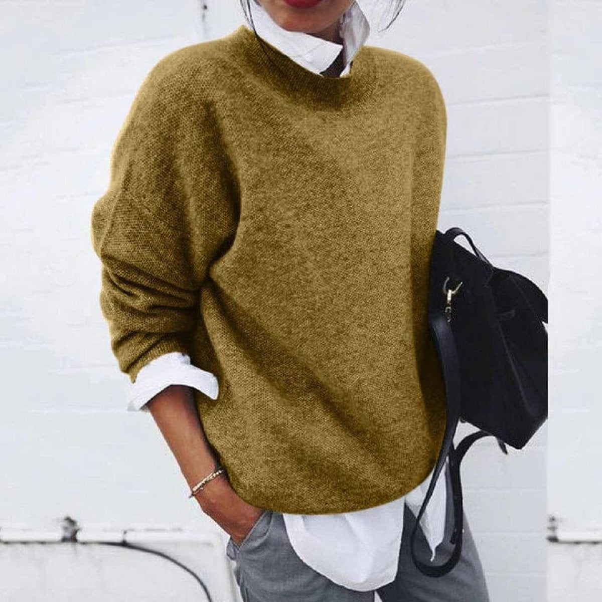 Women's Oversized Crew-Neck Soft Knit Sweater - Khaki