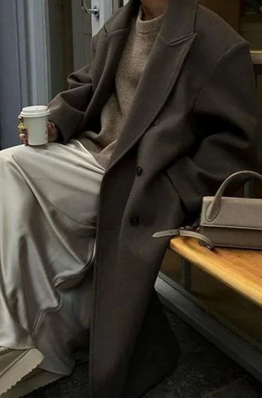Women's Oversized Double-Breasted Brown Wool Winter Coat