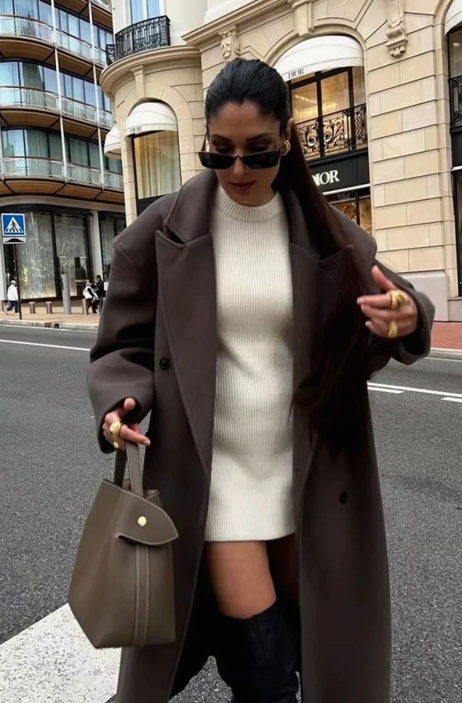 Women's Oversized Double-Breasted Brown Wool Winter Coat