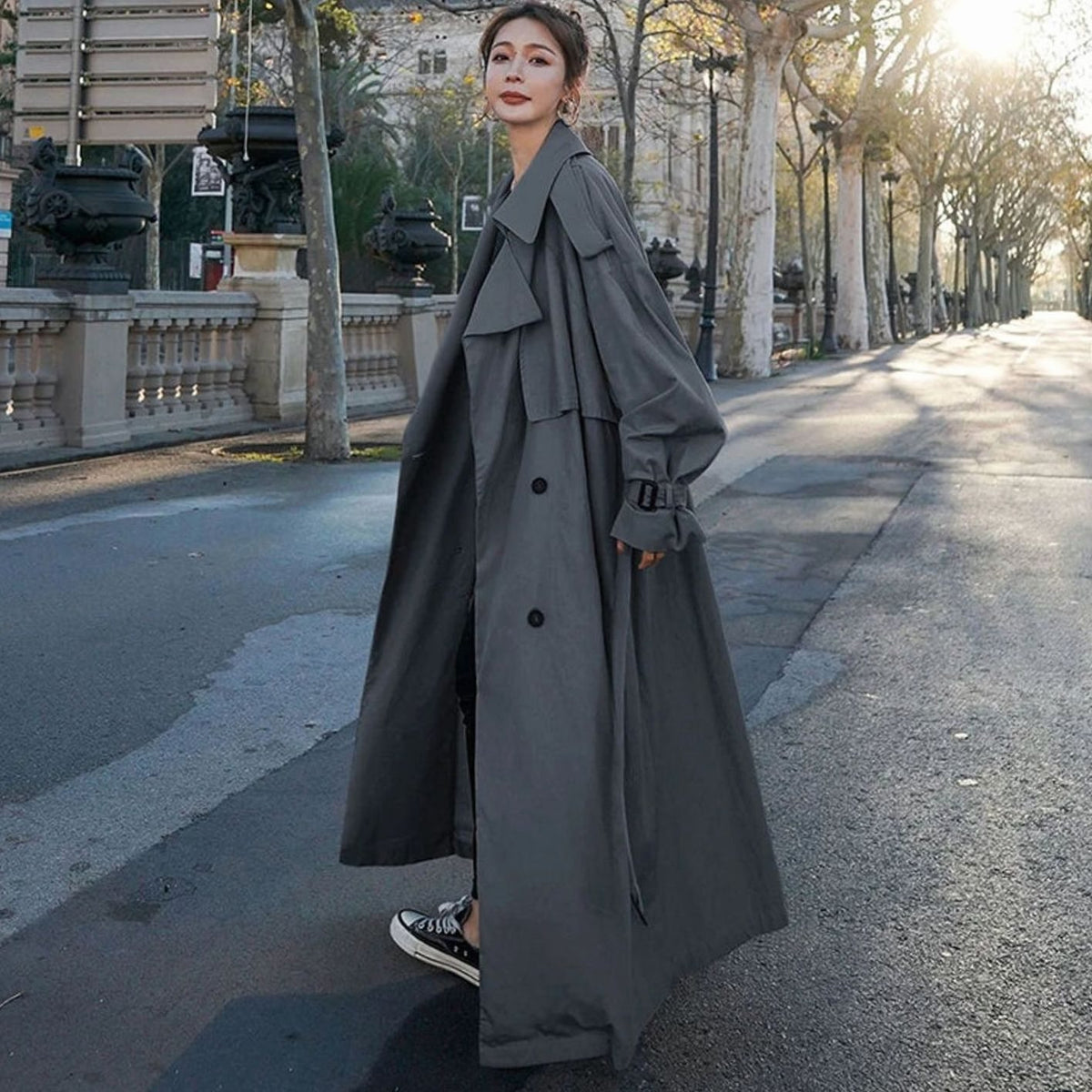Women's Oversized Double-Breasted Long Loose-Fit Trench Coat