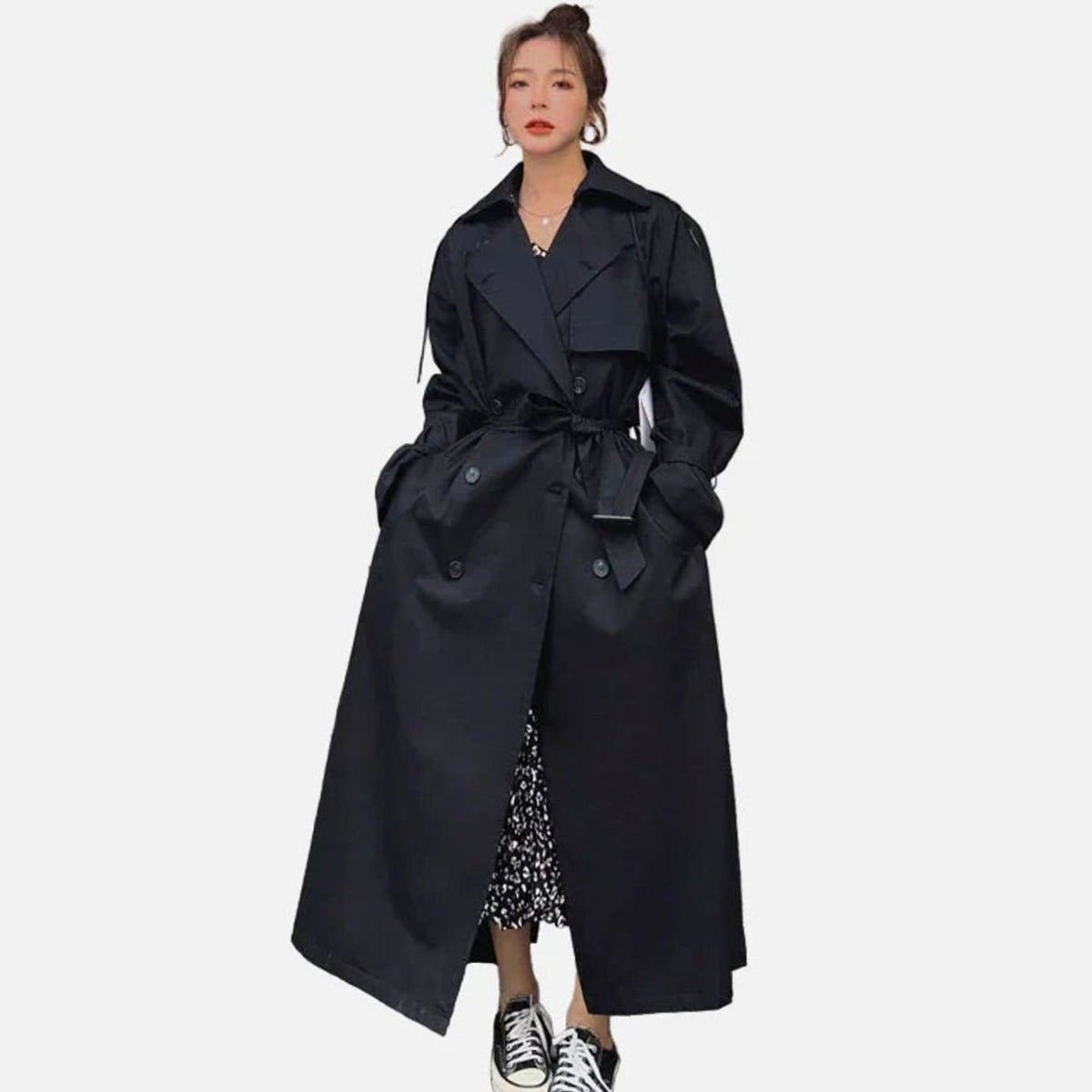 Women's Oversized Double-Breasted Long Loose-Fit Trench Coat - Black